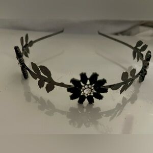 Elegant Black Crystal Flower Tiara Headband with Gunmetal Leaves & Rhinestones